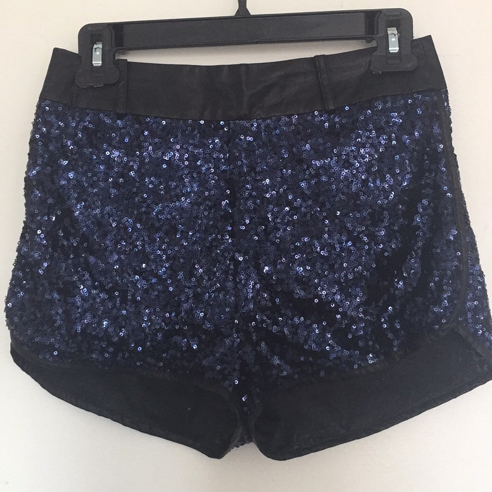 High Waist Blue Sequin/Leather Shorts barely worn